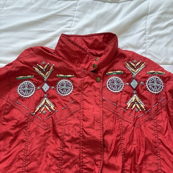 Vintage 90s Womens Size Large Nylon Track Jacket Southwestern Beaded Embellished - Picture 2 of 11